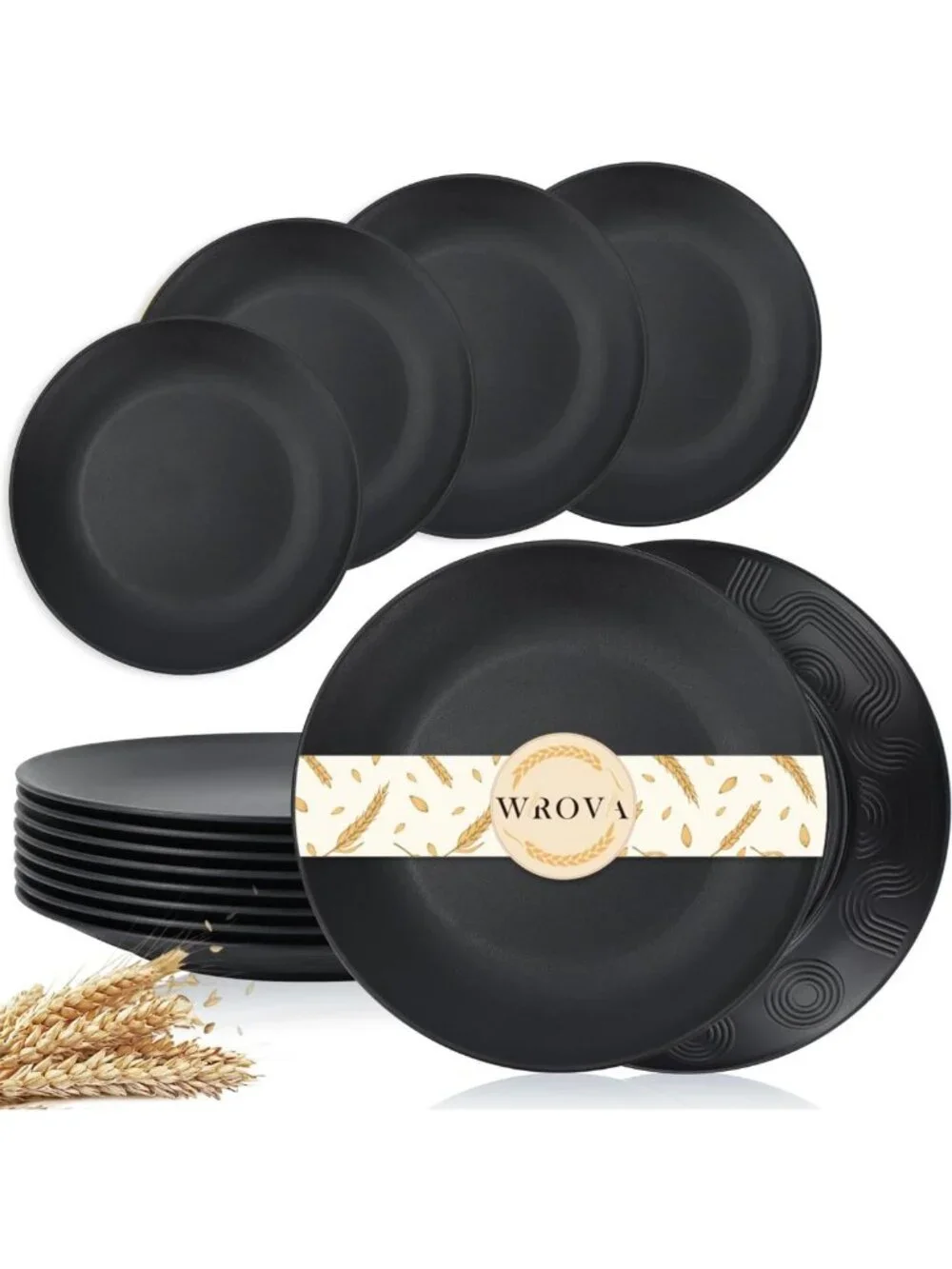 10-Inch Black Wheat Straw Plates Set of 8 | Unbreakable, Microwave & Dishwasher